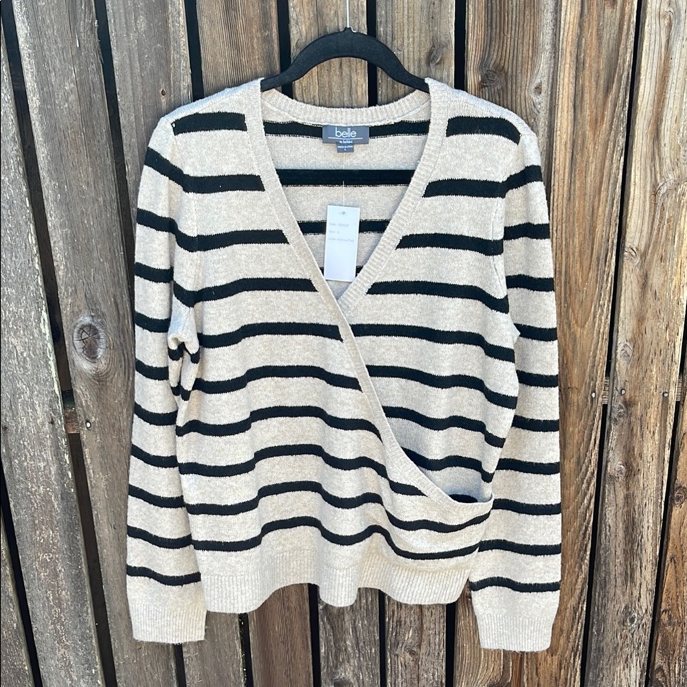Belle L Black Oatmeal V-Neck Sweater Nautical Stripes New Large Faux Wrap Nwt